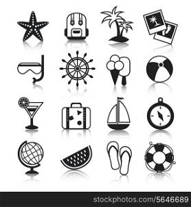 Summer holiday vacation travel agency palm cocktail snorkel mask suitcase baggage pictograms collection black vector isolated illustration