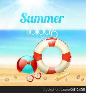 Summer holiday vacation travel background poster with sunglasses lifeline and starfish on beach sand vector illustration
