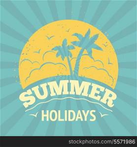 Summer holiday vacation travel background poster with sunset and palm trees vector illustration