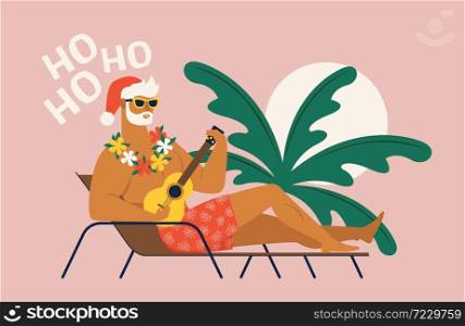 Summer holiday vacation with santa claus Flat vector illustration.. Summer holiday vacation with santa claus. Flat vector illustration.