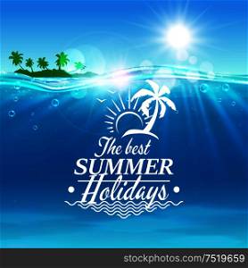 Summer holiday vector poster. Ocean, tropical palm island, shining sun, water waves, seagull. Placard for travel advertisment, agency, flyer, greeting card hotel resort. Summer holidays travel poster background