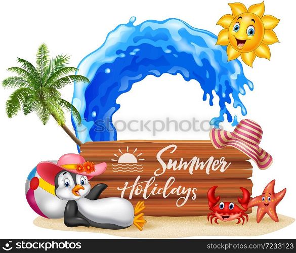 Summer holiday with wooden sign and funny animals