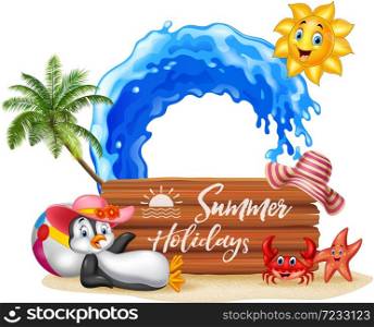 Summer holiday with wooden sign and funny animals