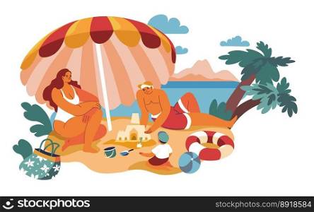 Summer holidays and vacation at seaside, isolated man and woman with child sitting under umbrella by sea or ocean water. Family on weekend resting and having fun. Vector in flat style illustration. Couple resting seaside, summer holidays vacation