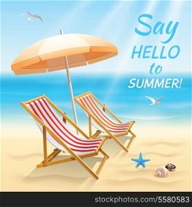 Summer holidays beach background say hello to summer wallpaper with sun chair and shade vector illustration.