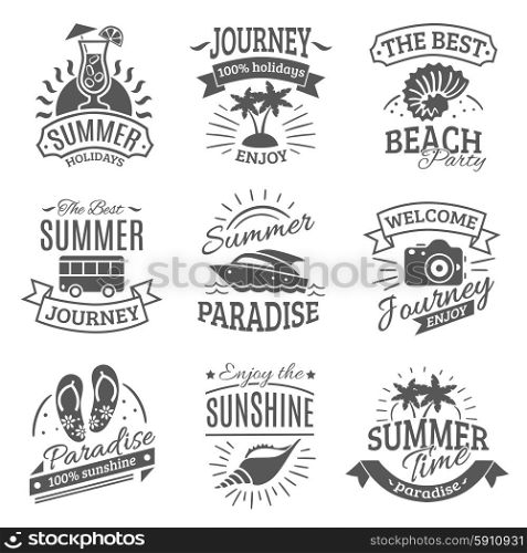Summer holidays black labels set. Summer holiday travel agencies labels set with best journeys to tropical beach black abstract isolated vector illustration