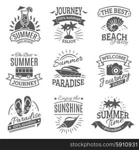 Summer holidays black labels set. Summer holiday travel agencies labels set with best journeys to tropical beach black abstract isolated vector illustration