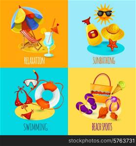 Summer holidays design concept set with relaxation sunbathing swimming beach sports icons isolated vector illustration. Summer Holidays Set