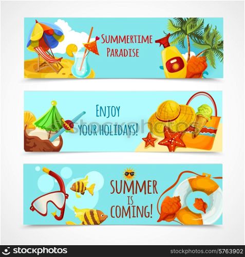 Summer holidays horizontal banners set with recreation elements isolated vector illustration. Summer Holidays Banners