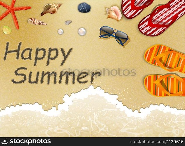 Summer Holidays in the Beach Yellow Sand with Slippers, starfish and sea shells. vector