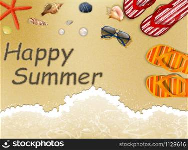 Summer Holidays in the Beach Yellow Sand with Slippers, starfish and sea shells. vector