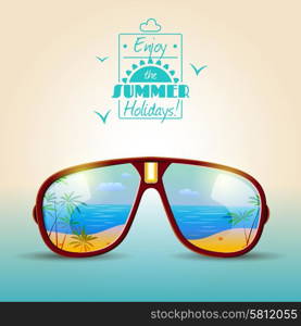 Summer holidays poster with sunglasses with sea beach in reflection vector illustration. Sunglasses Summer Poster