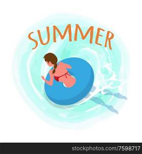 Summer holidays vector, woman in water with saving ring flat style. Lady wearing inflatable lifebuoy, seaside vacations, swimmer getting skills, sports. Summer Woman Swimming Wearing Lifebuoy Seaside
