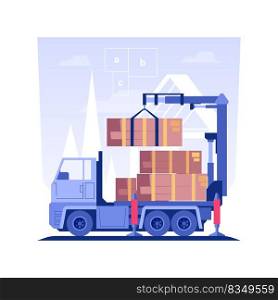 Summer house delivery isolated concept vector illustration. Group of contractors unloads panels from the truck, summer house building, exterior works, materials delivery vector concept.. Summer house delivery isolated concept vector illustration.