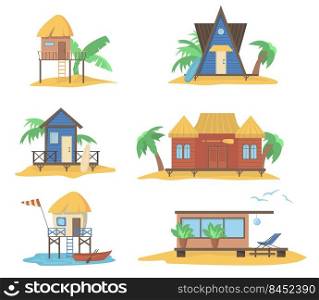 Summer houses at sea set. Wooden bungalows on piles, beach huts with straw tops with palms and surfboards. Vector illustrations for summer vacation, cottage on tropical island concept