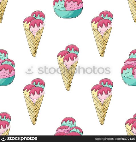 Summer. Ice cream in vases seamless pattern. Wonderful pattern with cold dessert. Print for cloth design, textile, fabric, wallpaper, wrapping. Print for cloth design, textile, fabric, wallpaper