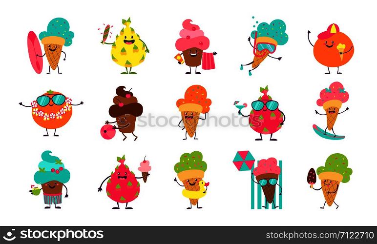Summer ice cream stickers. Funny doodle desserts and fruits with cute faces doing summer activities. Vector illustration character sketch elements for postcards. Summer ice cream stickers. Funny doodle desserts and fruits with cute faces doing summer activities. Vector elements for postcards