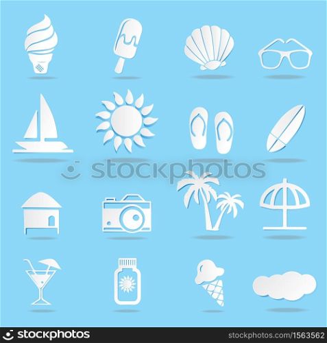 Summer Icons on the sea, Set Symbol of Tourism for Web on a blue background, Vector illustration Paper.