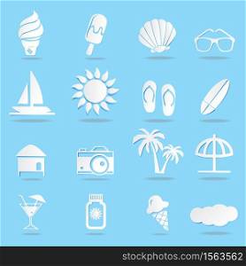 Summer Icons on the sea, Set Symbol of Tourism for Web on a blue background, Vector illustration Paper.