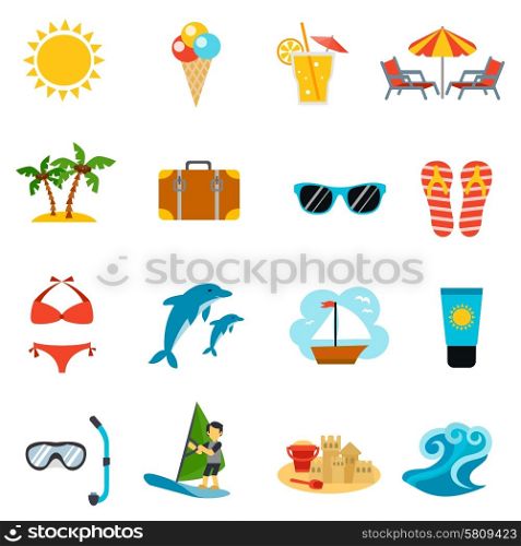 Summer Icons Set. Summer and vacations icons set with suitcase sunglasses and beach flat isolated vector illustration