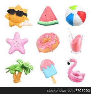 Summer icons set. Sun, ball, inflatable flamingo toy, watermelon, cocktail, palm trees, starfish, donut, ice cream. 3d vector plasticine art objects