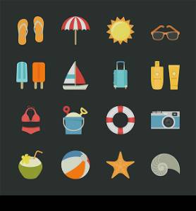 Summer icons , Vacation icons with black background , eps10 vector format