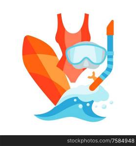 Summer illustration with surfing and diving. Print in simple cartoon style.. Summer illustration with surfing and diving.