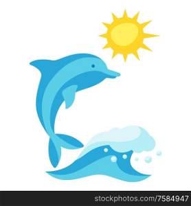 Summer illustration with wave and dolphin. Print in simple cartoon style.. Summer illustration with wave and dolphin.