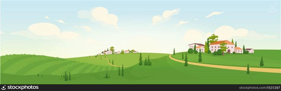 Summer in old European village flat color vector illustration. Morning in small town 2D cartoon landscape. Green agricultural fields view. Bright countryside with private villas. Summer in old European village flat color vector illustration
