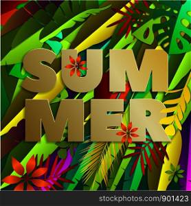Summer inscription with colorful, bright and tropical leaves, isolated vector illustration