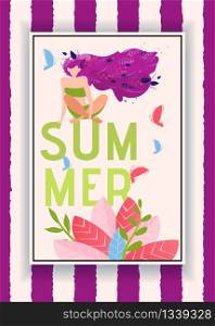 Summer Invitation Card with Attractive Girl. Flat Advertising Summertime Cartoon. Beautiful Woman on Huge Letters in Frame. Butterflies, Plants Foliage Decor over Stripes Backdrop. Vector Illustration. Summer Invitation Flat Card with Attractive Girl