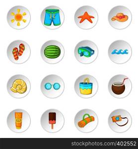 Summer items icons set. Cartoon illustration of 16 summer items vector icons for web. Summer items icons set