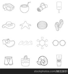 Summer items set icons in outline style isolated on white background. Summer items icon set outline