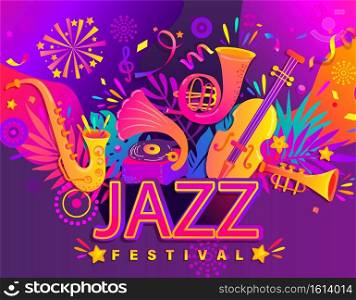 Summer jazz nanner, musical festival flyers with classic music instruments - cello, cornet, tuba, clarinet, saxophone on bright gradient background.Vector illustration for music events, jazz concerts.. Carnival party banner, invitation card.