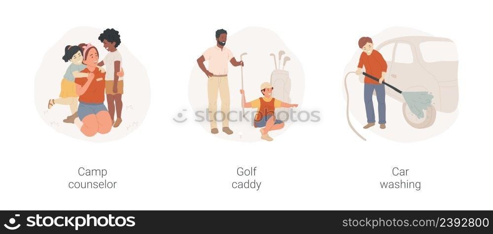 Summer job for teenagers isolated cartoon vector illustration set. C&counselor, socializing with children, summer c&, gold caddy, boy carry equipment, car washing part-time job vector cartoon.. Summer job for teenagers isolated cartoon vector illustration set.