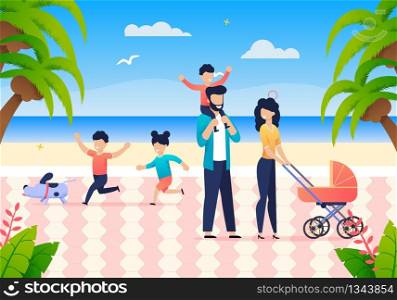 Summer Joint Family Vacation on Ocean. Happy Time Young Family on Beach. Father Holds Son on Shoulders, Mother Carries Baby in Pram. Little Brother and Sister Run after Dog. Exotic Vacation