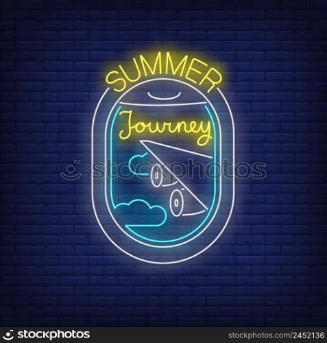 Summer Journey neon lettering and airplane window view. Tourism, vacation and travel design. Night bright neon sign, colorful billboard, light banner. Vector illustration in neon style.
