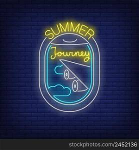 Summer Journey neon lettering and airplane window view. Tourism, vacation and travel design. Night bright neon sign, colorful billboard, light banner. Vector illustration in neon style.