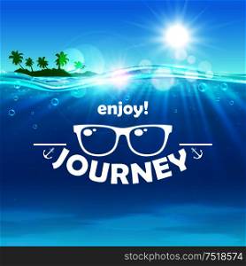 Summer journey poster. Ocean, shining sun, tropical palm, island, water waves background. Travel placard with sunglasses icon for banner, advertisment, agency, flyer, greeting card hotel resort. Summer journey poster. Ocean, island, sunglasses