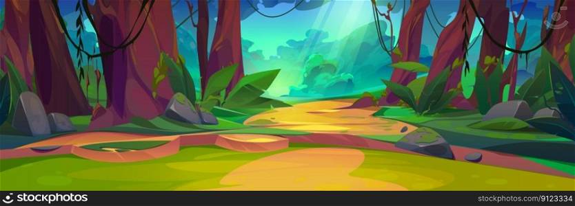 Summer jungle forest landscape with magic sunlight beam. Mysterious wild vector illustration with sun light ray, liana on trees and glade. Tropical meadow with rock on ground and green plants. Summer jungle forest landscape, with sun light ray