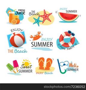 Summer label, banner, tag and elements background set. Vector illustrations for seasonal holiday.