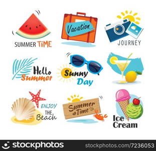 Summer label, banner, tag and elements background set. Vector illustrations for seasonal holiday.