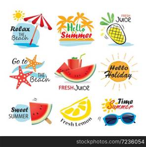 Summer label, banner, tag and elements background set. Vector illustrations for seasonal holiday.