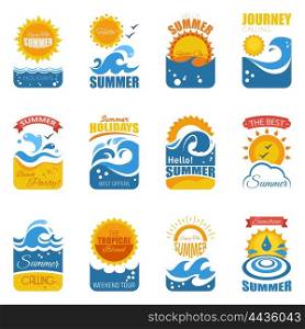 Summer Label Set With Wave And Sun. Summer label set with waves sandy beach and sun disk flat vector illustration