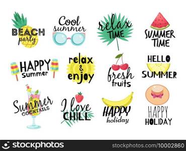 Summer labels. Beach vacation, summer travel graphic with lettering. Cocktail, sun and fresh fruits, ice cream badges vector set. Illustration paradise party label, watermelon and tropical fruits. Summer labels. Beach vacation, summer travel graphic with lettering. Cocktail, sun and fresh fruits, ice cream badges vector set