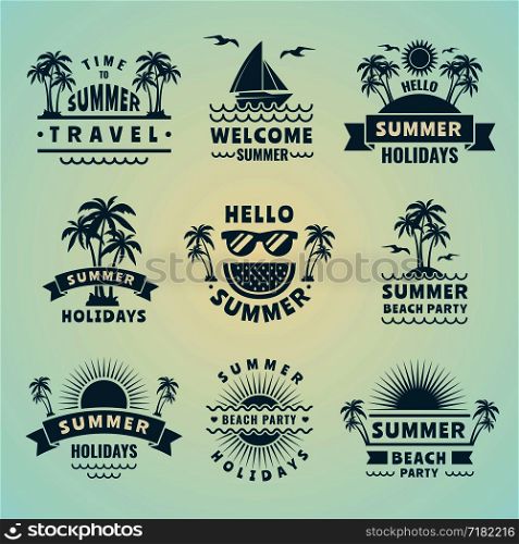 Summer labels. Vector illustrations of tropical logos and badges. Beach party sea, vacation and holiday. Summer labels. Vector illustrations of tropical logos and badges