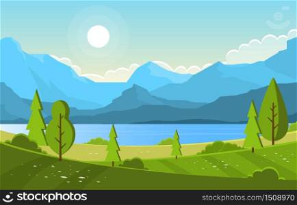 Summer Lake Green Nature Field Land Sky Landscape Illustration