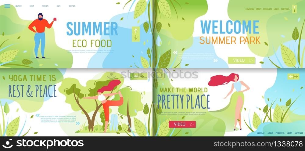 Summer Landing Page Set Offering Rest and Eco Product. Ecological Food, Invitation to Green Park and Yoga on Open Air, Organic Goods and Activities for Making World Pretty. Vector Flat Illustration. Summer Landing Page Set Offer Rest and Eco Product