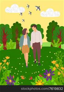 Summer landscape and happy dating lovers walk together in green forest with trees and flowers. Vector summertime scenery, flying birds and flirting people. Summer Landscape Happy Dating Lovers Walk Together