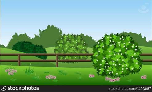 Summer landscape background. Scene with green bushes in blossom, hills, grass and flowers. Horizontally seamless, can be used in game asset. Vector illustration